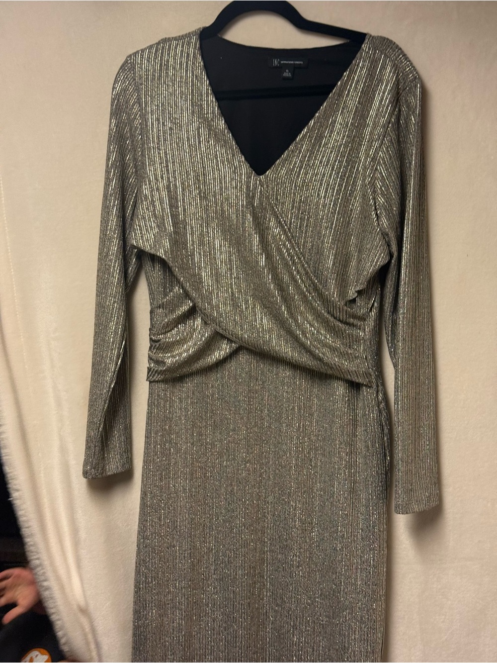 INC International Concepts Metallic Gold Long Sleeve V-Neck Dress